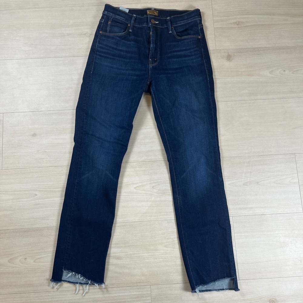 Mother The Mid Rise Dazzler Ankle Step Fray Jeans Off Limits 28 Dark Blue Hem